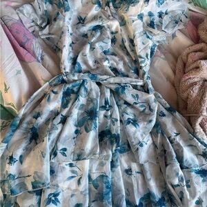 Blue Floral Sheer Wrap Dress